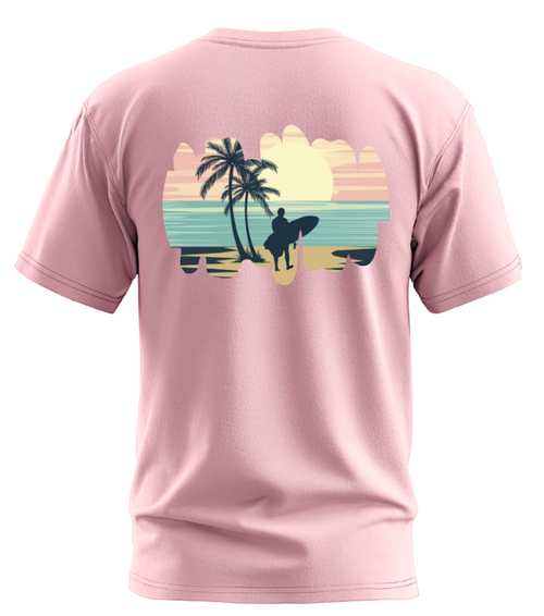 Pink T-shirt, Men's. Beach side.